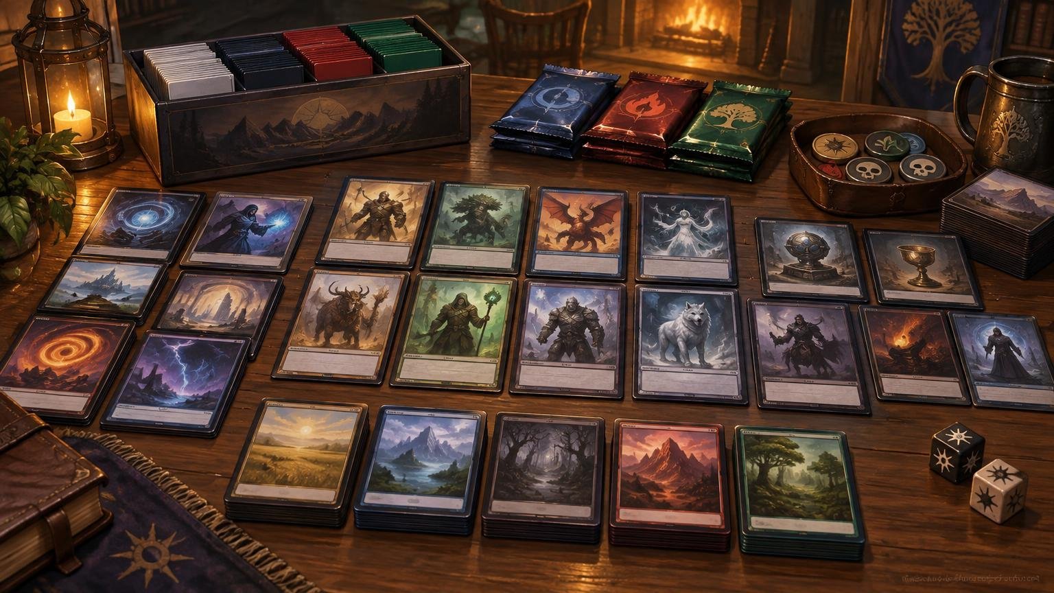 Warm fantasy game-room tabletop with a storage box of color-sorted sleeved cards, three sealed-looking card packs, rows of illustrated fantasy cards including creatures and landscapes, token-like counters, and dice beside a fireplace.