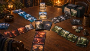 Warmly lit tabletop arranged with color-grouped fantasy landscape cards, a central draft pack and deck, a storage box of sleeved cards, dice, tokens, and a small creature figurine beside a fireplace.