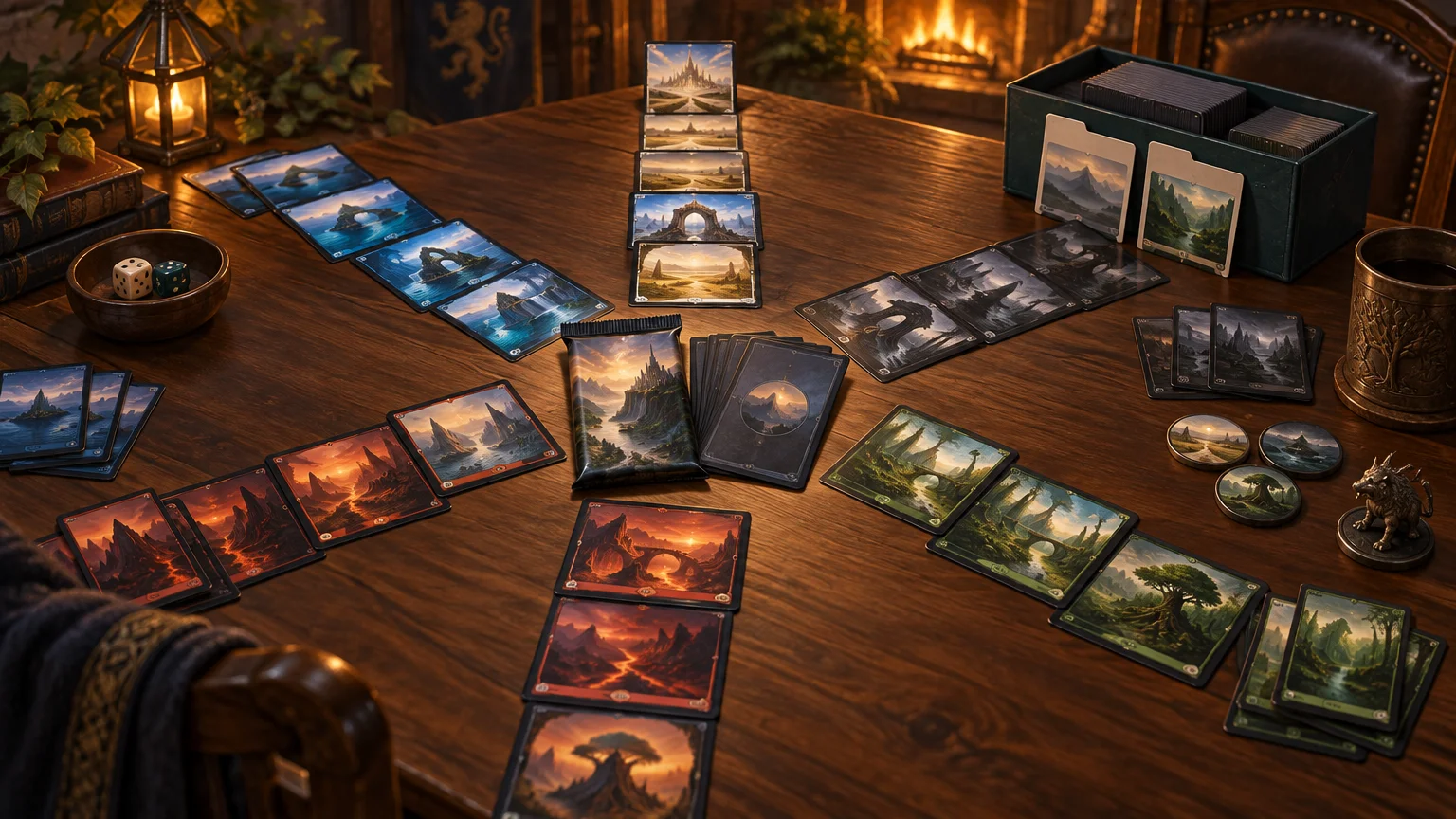 Warmly lit tabletop arranged with color-grouped fantasy landscape cards, a central draft pack and deck, a storage box of sleeved cards, dice, tokens, and a small creature figurine beside a fireplace.