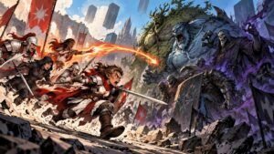 Comic-book-style fantasy battle scene with armored fighters charging from the left toward towering monsters and purple-shadowed undead on the right, with fire magic crossing the center.