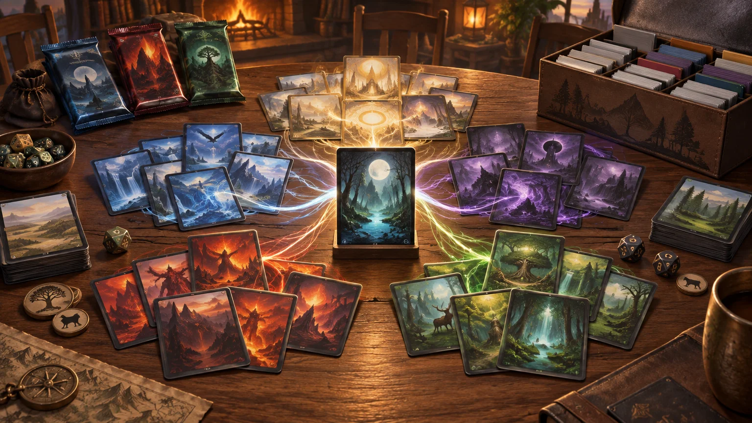 Warm fantasy game-room tabletop with four color-coded groups of illustrated cards surrounding a glowing central card, alongside sealed packs, dice, tokens, a card storage box, and a map.