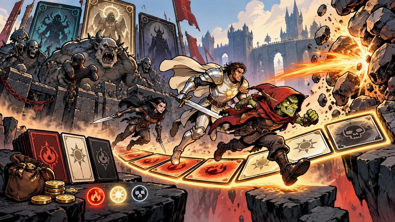Comic-book fantasy battle scene with a green goblin and armored human fighters charging across glowing oversized cards, while monsters, castle walls, explosions, and card decks with fire, sun, and skull symbols fill the background.