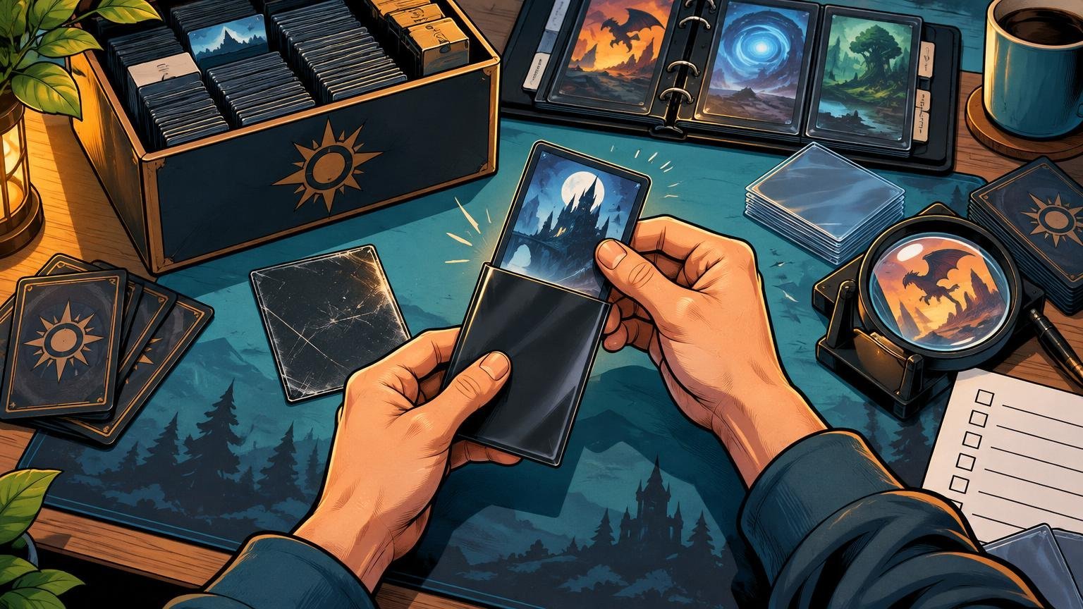 Comic-book-style overhead scene of hands sliding a fantasy landscape card into a black sleeve beside a scratched card, organized card boxes, a binder, spare sleeves, a magnifying glass, and a checklist on a desk.