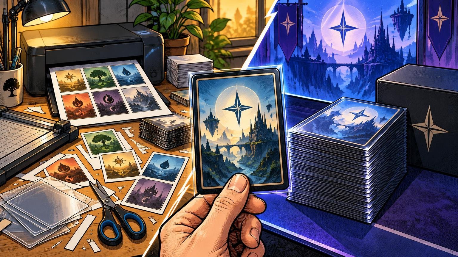 Comic-book-style split scene comparing home card printing on a cluttered desk with printer, scissors, paper sheets, and sleeves against a polished stack of uniform fantasy cards and a storage box; a hand holds a large illustrated card in the center.