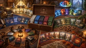 Painterly fantasy tabletop scene with an open wooden card-storage case, neatly sorted sleeved card stacks, several fanned sets of illustrated cards, tokens, dice, mugs, books, and glowing magical ornaments in a warm game room.