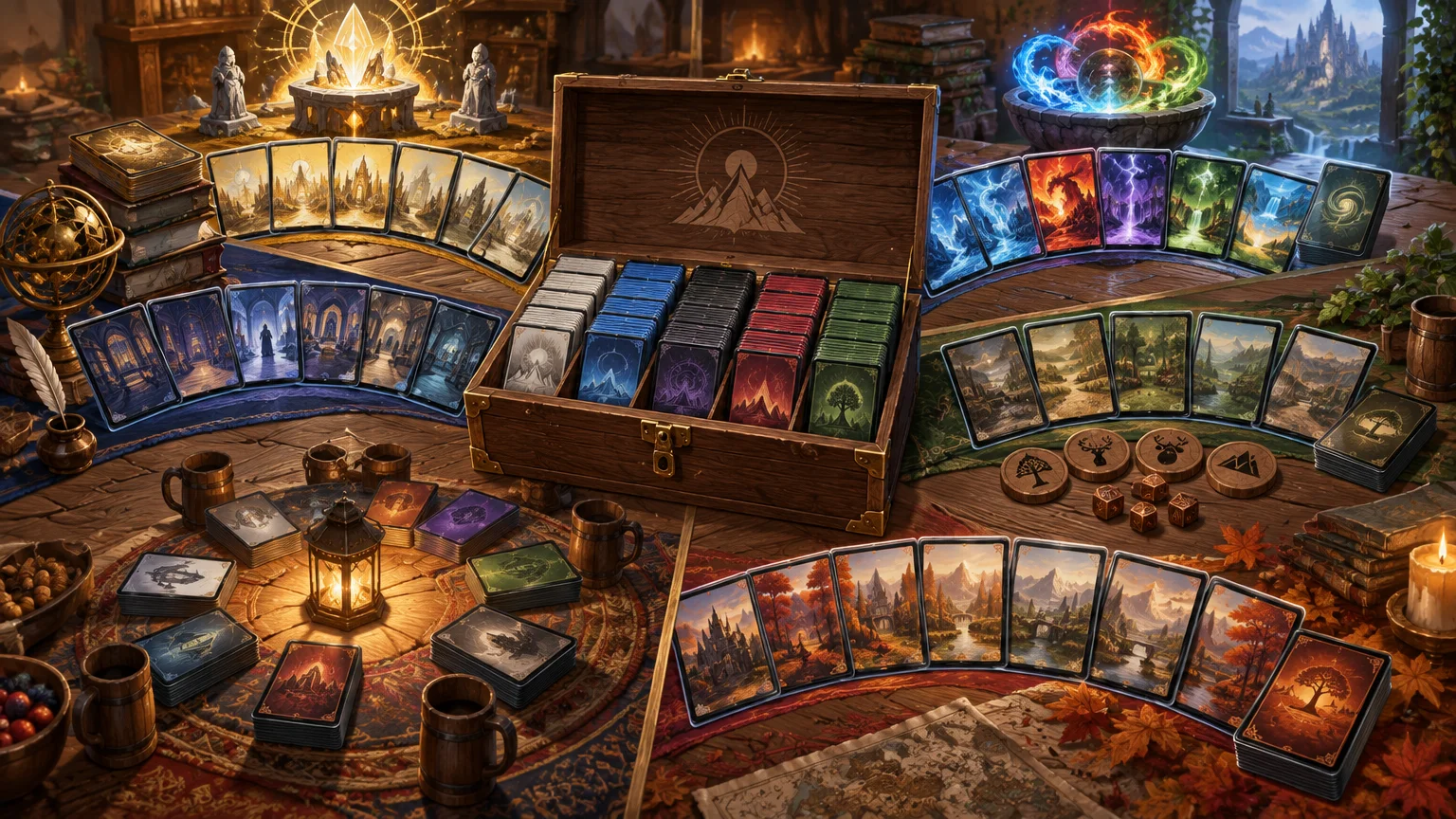 Painterly fantasy tabletop scene with an open wooden card-storage case, neatly sorted sleeved card stacks, several fanned sets of illustrated cards, tokens, dice, mugs, books, and glowing magical ornaments in a warm game room.