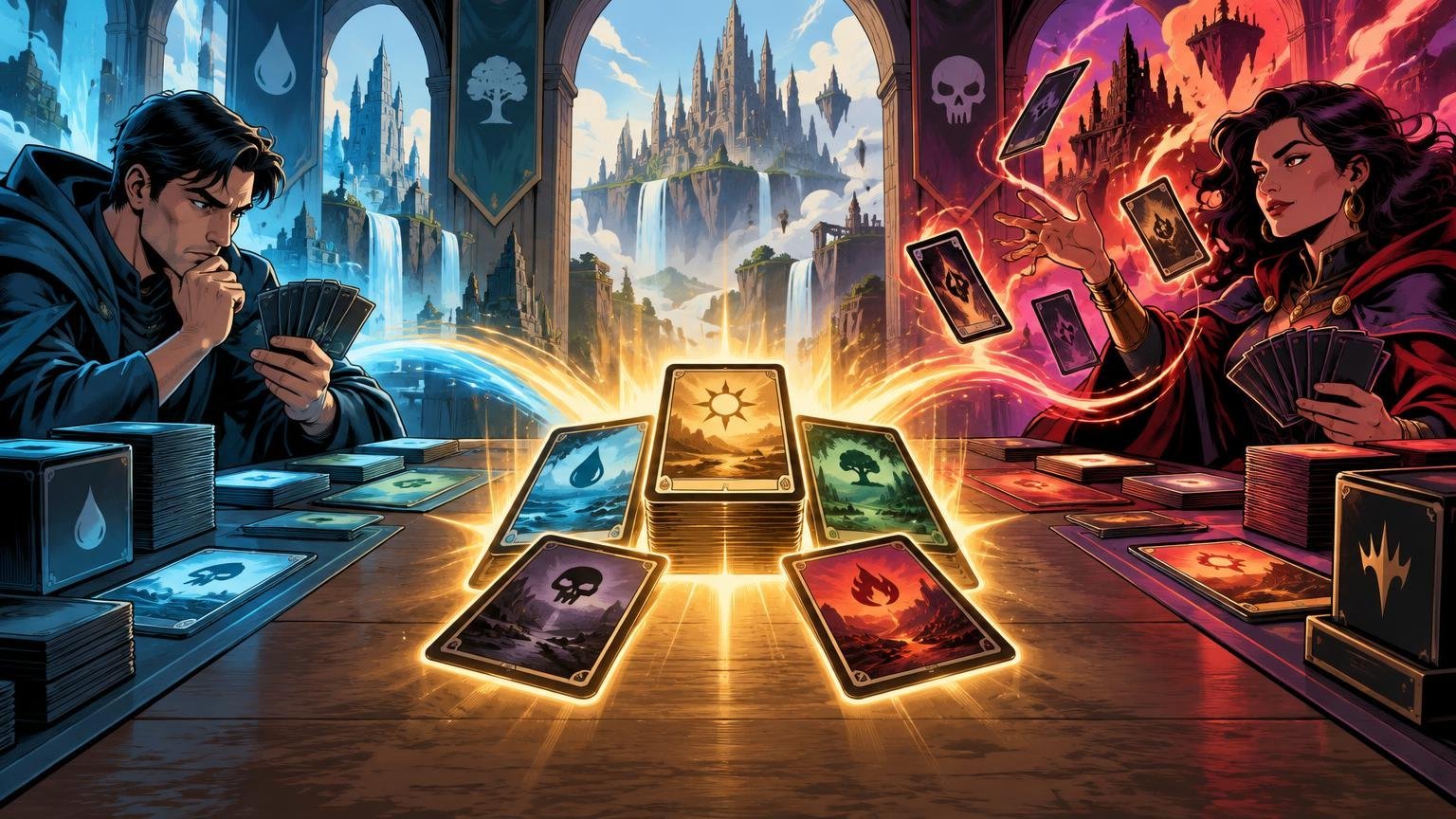 Comic-book-style fantasy card game scene: two players face each other across a table covered with decks and glowing elemental cards, with a bright central card stack and a castle landscape behind them.