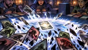 Comic-book-style fantasy card game scene: three startled players sit around a table as a bright magical blast erupts from a glowing card, scattering illustrated cards and dark shards through the air.