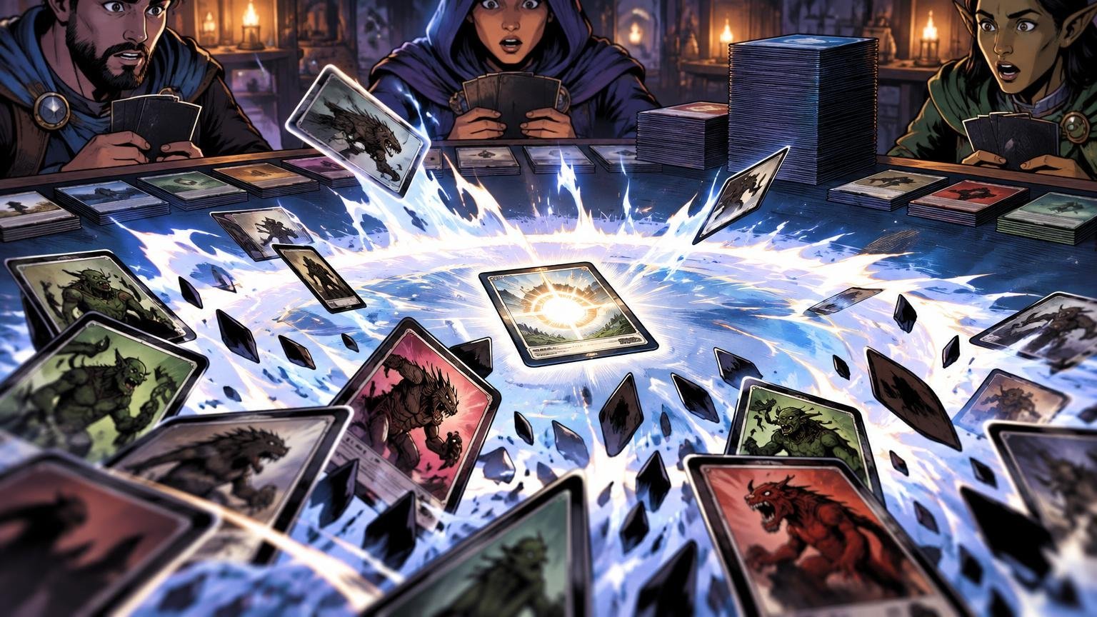 Comic-book-style fantasy card game scene: three startled players sit around a table as a bright magical blast erupts from a glowing card, scattering illustrated cards and dark shards through the air.