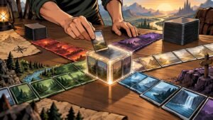 Comic-book-style illustration of hands arranging landscape-art cards around a glowing cube on a wooden table, with card stacks, maps, a lantern, and a mountain valley in the background.