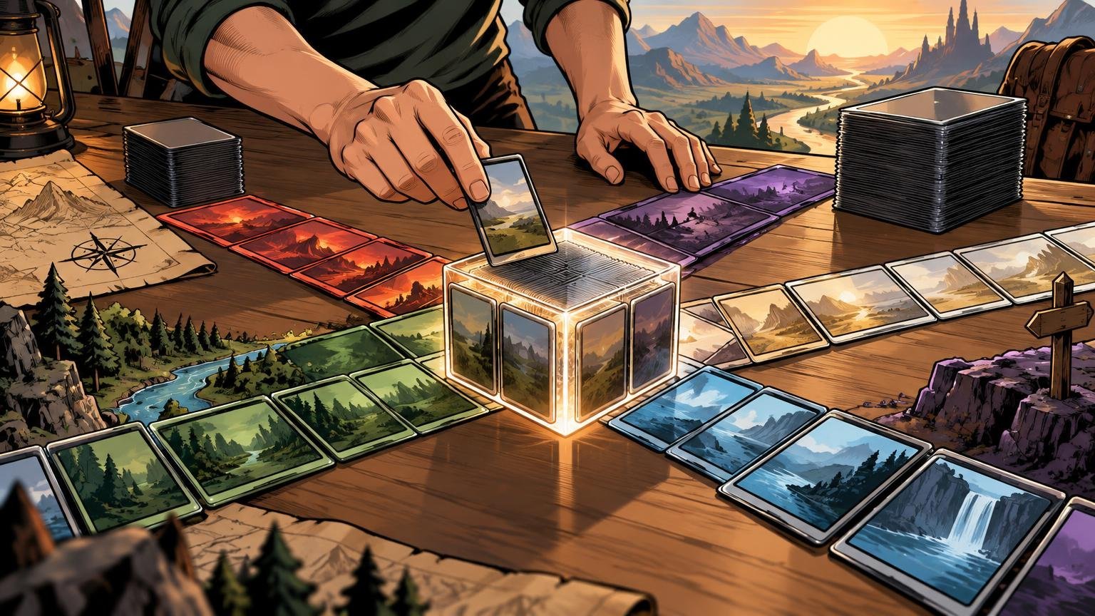 Comic-book-style illustration of hands arranging landscape-art cards around a glowing cube on a wooden table, with card stacks, maps, a lantern, and a mountain valley in the background.