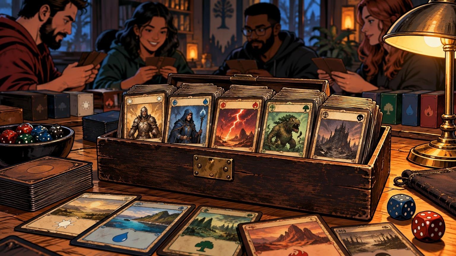 Comic-book-style illustration of four people drafting cards around a wooden table, with a large box of fantasy trading cards, dice, card decks, and a glowing desk lamp in the foreground.