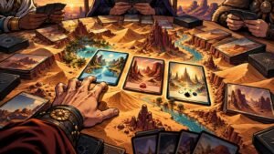 Comic-book-style overhead view of several people drafting illustrated cards around a tabletop transformed into a desert landscape, with dunes, rock spires, palm-lined rivers, and stacks of cards around the edges.
