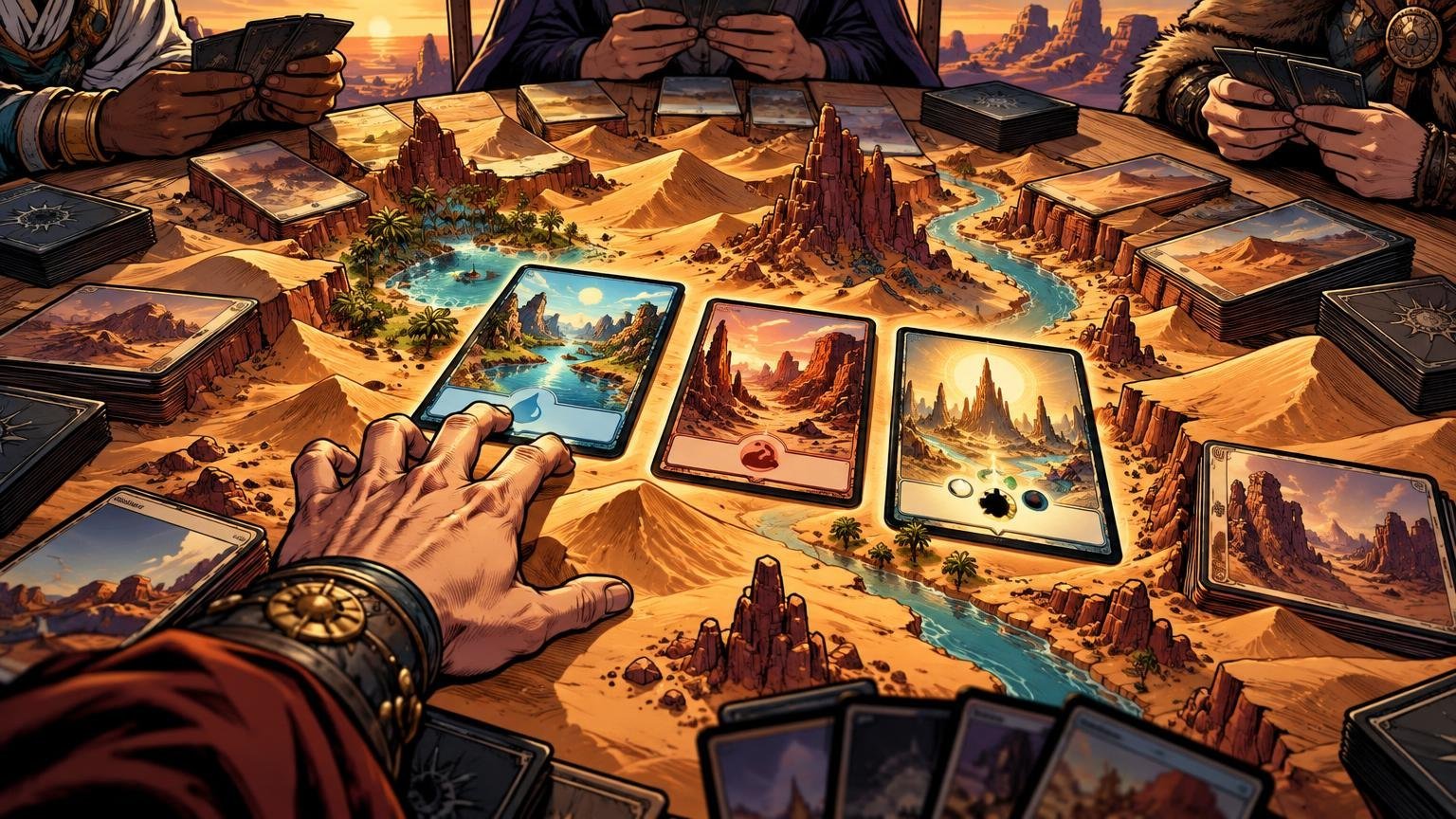Comic-book-style overhead view of several people drafting illustrated cards around a tabletop transformed into a desert landscape, with dunes, rock spires, palm-lined rivers, and stacks of cards around the edges.