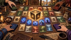 Comic-book-style fantasy tabletop scene with four hands arranging colorful illustrated cards around a glowing rune-marked cube, with decks, lanterns, maps, coins, and a village visible beyond the table.