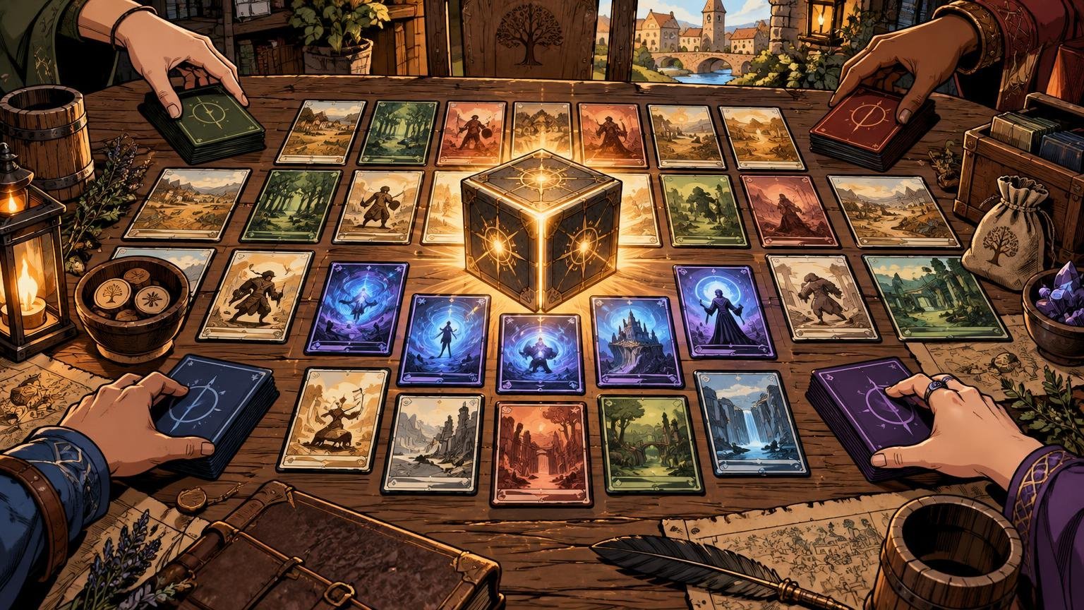 Comic-book-style fantasy tabletop scene with four hands arranging colorful illustrated cards around a glowing rune-marked cube, with decks, lanterns, maps, coins, and a village visible beyond the table.