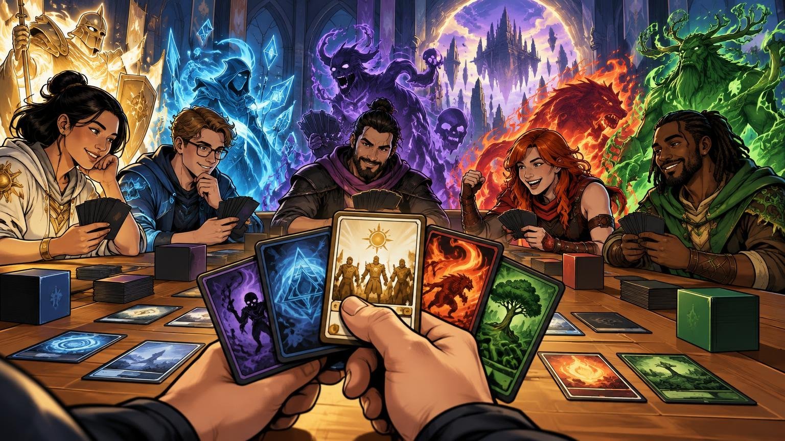 Comic-book-style fantasy card game scene with five players around a table, holding dark-backed cards amid glowing blue, purple, red, and green magical figures; a foreground player holds five illustrated cards.